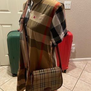 Burberry Tan & Black Check Crossbody Bag with Red Accents